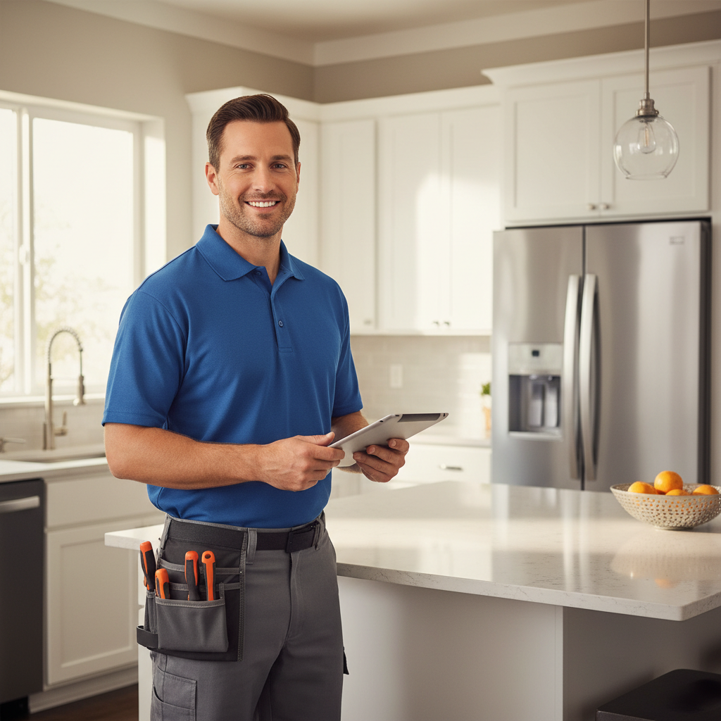 Smiling appliance repair technician in a modern kitchen