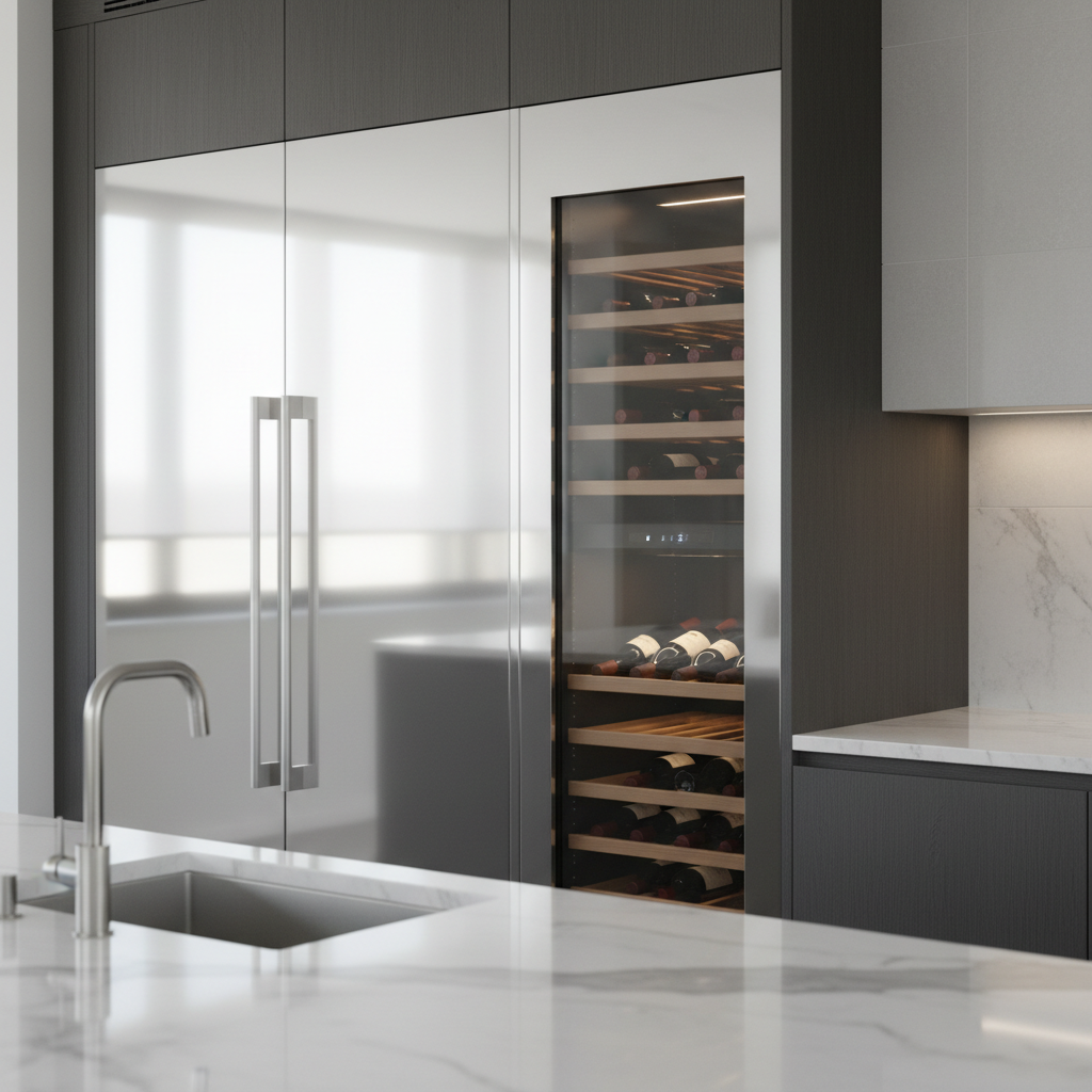 High-end Thermador refrigerator and wine cooler in a modern kitchen